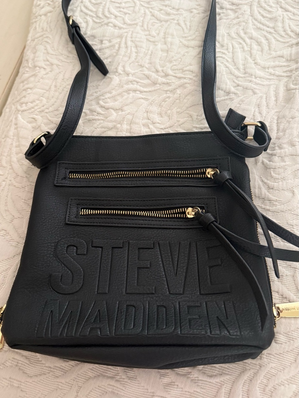 Steve Madden Black Embossed Leatherette Crossbody with Gold Zippers